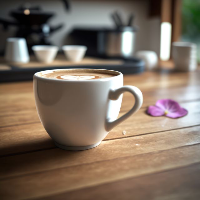 Image showcasing a beautifully crafted latte with intricate art in a white mug on a wooden table. A single floral petal adds a touch of elegance, suggesting a cozy atmosphere perfect for mornings or cafe settings. Ideal for use in articles or ads related to coffee, cafes, barista skills, breakfast settings, or creating a warm and relaxed ambiance.