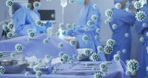 Surgeons in Operating Room with COVID-19 Virus Illustrations Floating