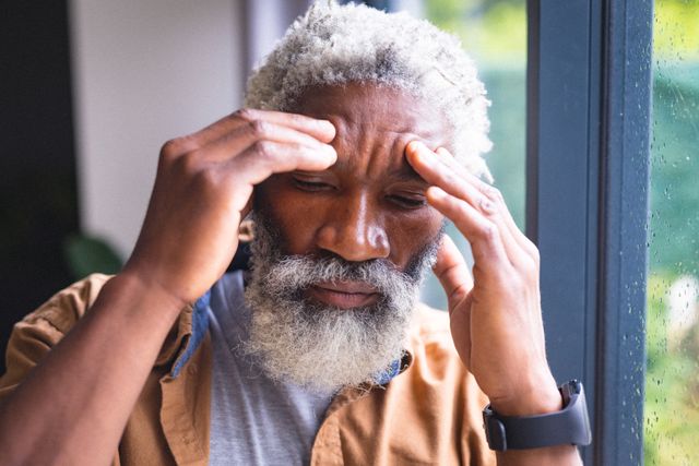 Senior African American man with white beard touching forehead, indicating headache or stress. Suitable for use in articles or advertisements related to health, wellness, elderly care, mental health, and lifestyle. Can be used to depict themes of pain, discomfort, and everyday challenges faced by older adults.