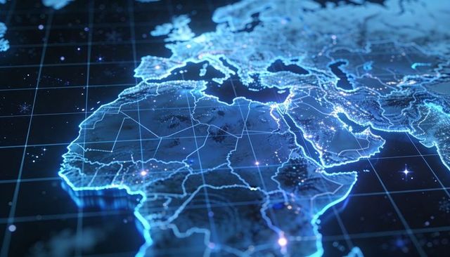 Holographic Neon Map Showing Africa and Europe with Glowing Network Nodes and 3D Grid