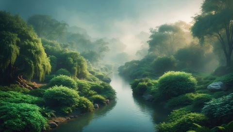 Serene forest river with mist and lush foliage, garden of eden concept