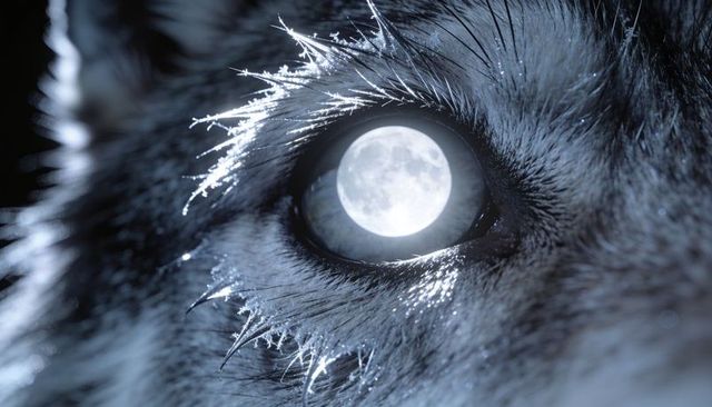 Moon reflecting in wolf eye macro with frosted fur and ice crystals, night lunar gaze