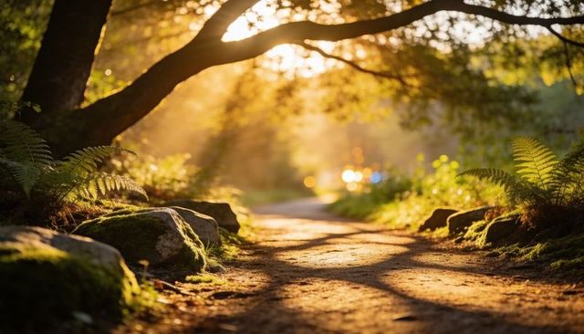 Golden sunlit trail winding through mossy rocks and ferns with warm sunbeams filtering
