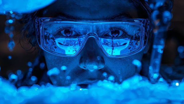 Female lab technician peering through goggles over blue-lit bubbling liquid, close-up