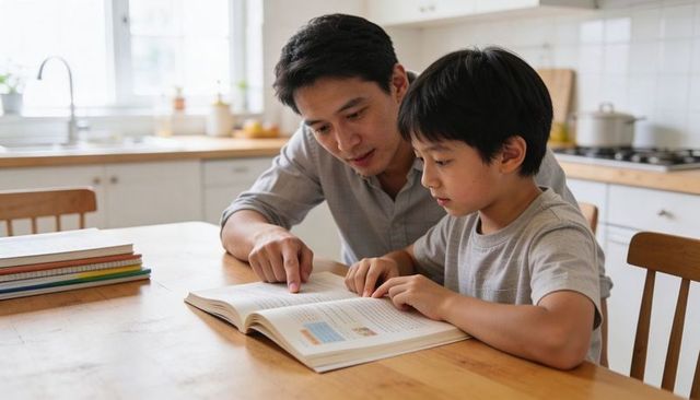 Father teaching son at kitchen table reading textbook together homeschooling homework help