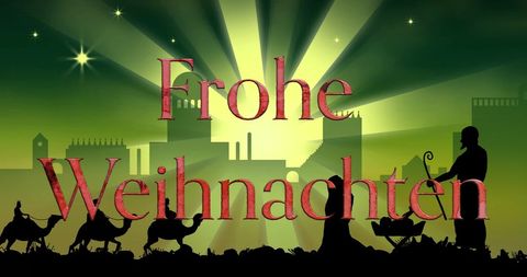 Frohe Weihnachten on Nativity Scene with Three Kings Silhouette