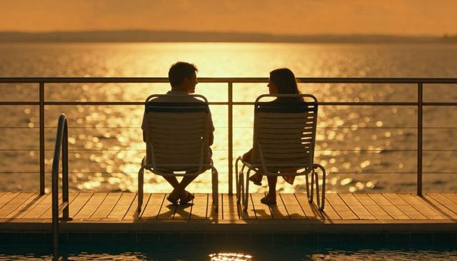 Couple sitting on deck chairs watching golden sunset over sea, backlit waterfront moment