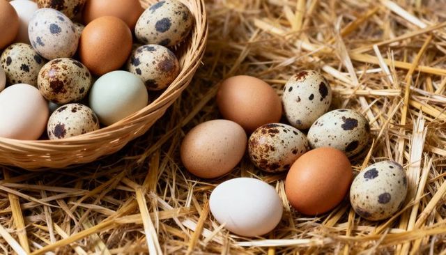 Holding assorted quail and chicken eggs in wicker basket on straw farm breakfast