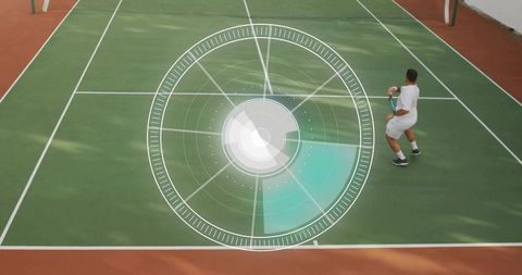Tennis player preparing backhand on green court with circular HUD performance analytics