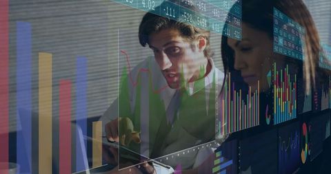 Business Professionals Collaborating on Data Analysis with Digital Charts