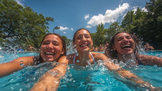 Three teens laughing and splashing in outdoor community pool on sunny summer day