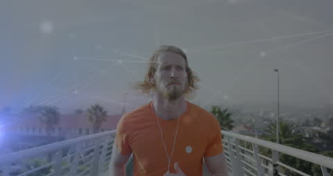 Man Jogging on Urban Bridge Amid Connected Digital Network
