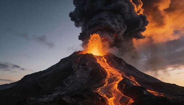 Erupting volcano at dusk sending lava fountain and molten flows beneath massive ash plume