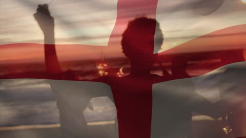 Animated England Flag Overlay on Beach Sunset Gathering