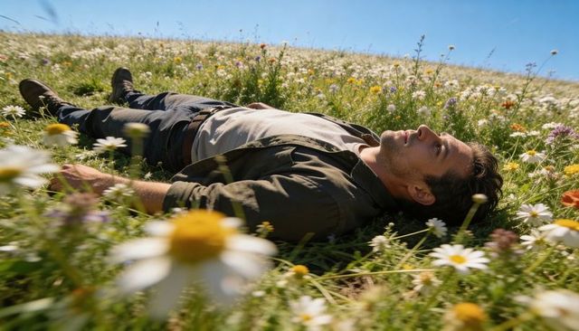 Man lying in wildflower meadow gazing skyward, relaxing in nature and solitude