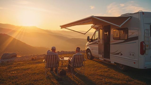 Retirees enjoying sunrise with camper in mountain escape
