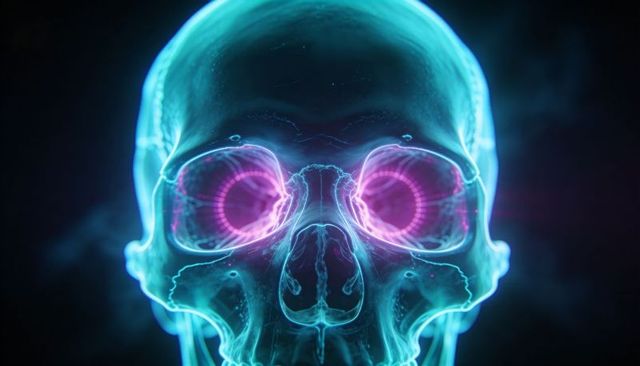 Neon Holographic Skull with Magenta Eye Rings Futuristic Sci-Fi Biomechanical 3D Render