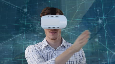 Man Experiencing Virtual Reality with Advanced VR Headset