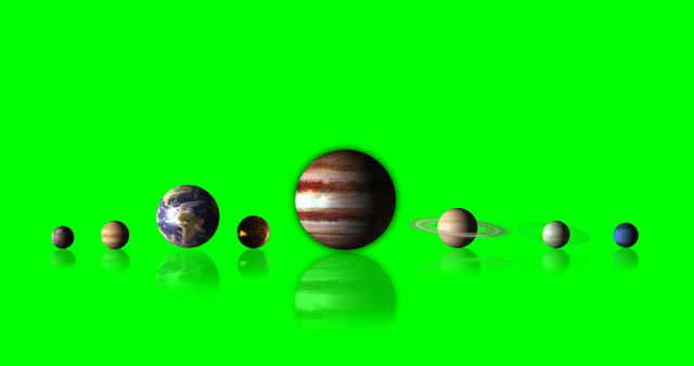 Planets of the solar system aligned from smallest to largest against a green screen background. Useful for educational content, space-themed presentations, or any creative project requiring planet images.