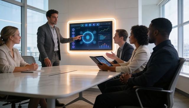 Executive presenting digital analytics dashboard as diverse team collaborates in boardroom