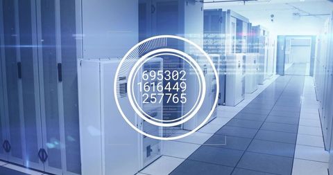 Futuristic Data Center with Digital Metrics Overlay