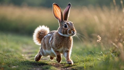 Energetic cottontail rabbit hopping through tranquil country meadow