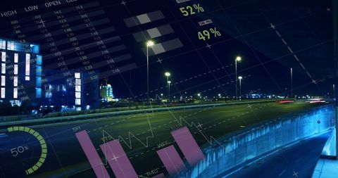 Curving elevated highway at night with neon light trails and futuristic data overlay