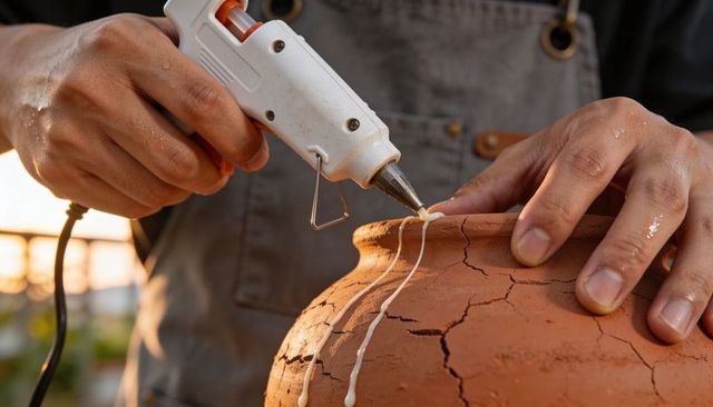 Craftsperson repairing cracked terracotta pot with hot glue gun in warm light