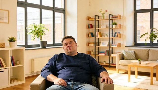 Thoughtful man relaxing in sunlit modern loft living room in navy sweatshirt and jeans
