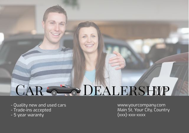 Smiling couple standing in car showroom, highlighting dealership’s quality new and used car inventory, trade-in options, and 5-year warranty. Useful for promotional materials, advertisements on dealership websites, brochures, and marketing campaigns emphasizing customer satisfaction and trust in car selection and purchase services.