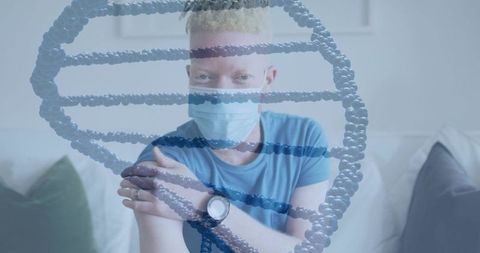 Masked man receiving vaccination at home with dna double helix overlay highlighting genomics