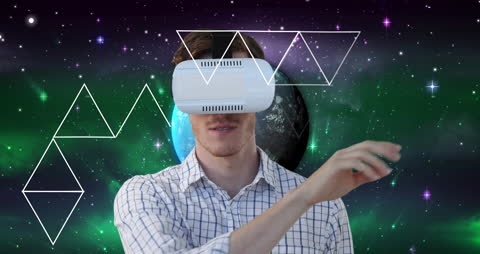 Innovative Exploration: Man Engaging with VR in Cosmic Environment