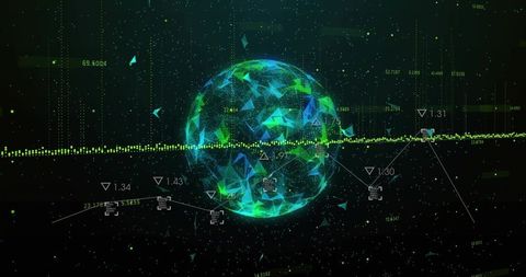 Pulsing Polygonal Data Sphere Rotating with Neon Waveform and Futuristic HUD Elements