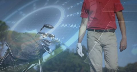 Golfer on Fairway with Clubs and Digital Tech Overlay
