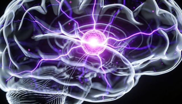 Glowing translucent brain with magenta neuron radiating electric neural filaments cortex