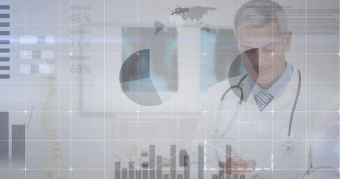 Doctor writing on tablet with medical analytics overlay and healthcare dashboard