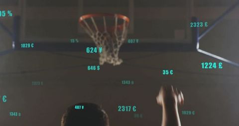 Shooting basketball player under hoop with turquoise currency and analytics overlays