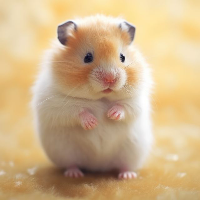 Close up of cute hamster on blurred orange background, created using generative ai technology. Pet, animal and rodent concept digitally generated image.
