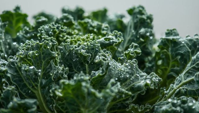 Fresh curly kale with dewdrops highlighting leaf texture