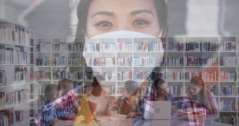 Masked Woman and Diverse Students Studying in Library Composite - Download Free Stock Images Pikwizard.com