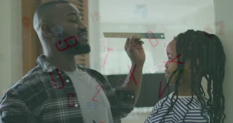 Father Teaching Daughter with Ruler and Digital Graphics