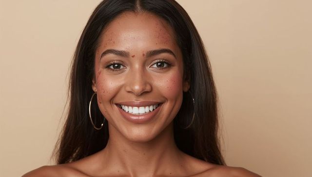 Smiling young woman showing teeth with heart face stickers, hoop earrings, bare shoulders