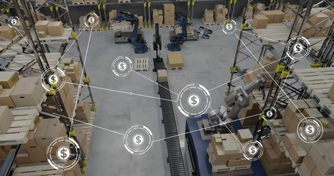 Futuristic Connected Warehouse with Digital Financial Network Icons