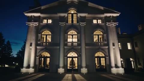 Revealing neoclassical mansion facade at night with illuminated columns and symmetrical architecture