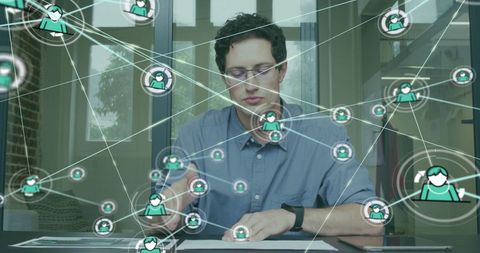 Businessman in Office Analyzing Digital Network Connections