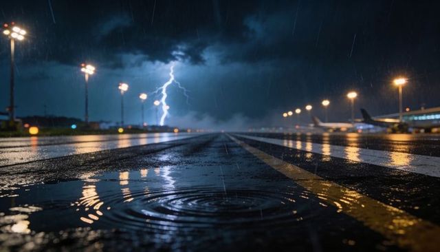 Lightning striking wet airport runway at night with reflective puddles and floodlights