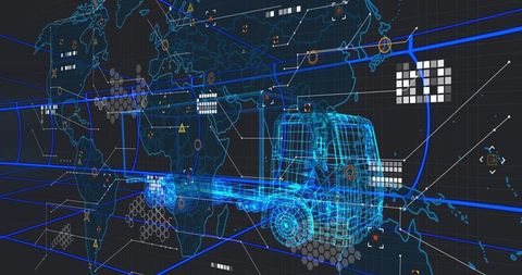 Visualizing global fleet telematics with holographic wireframe truck and digital network