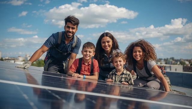 Family learning about solar energy from experts on rooftop