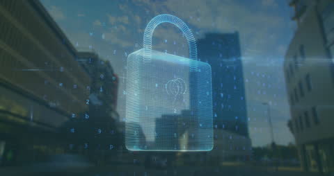 Digital Padlock Over Cityscape Symbolizing Cybersecurity