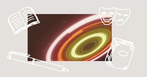Glowing neon hud featuring circular interface and hand-drawn doodles for futuristic banner